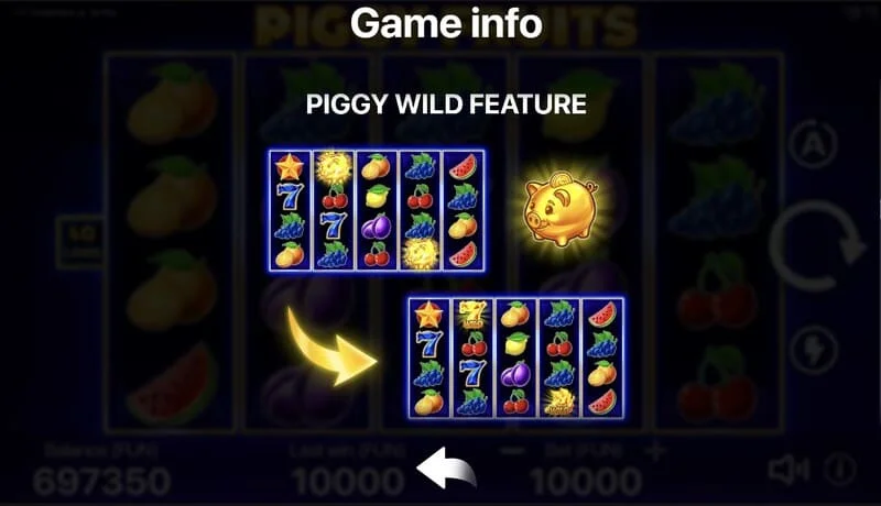Piggy Fruits - game screen na may 5x4 grid at fruit symbols
